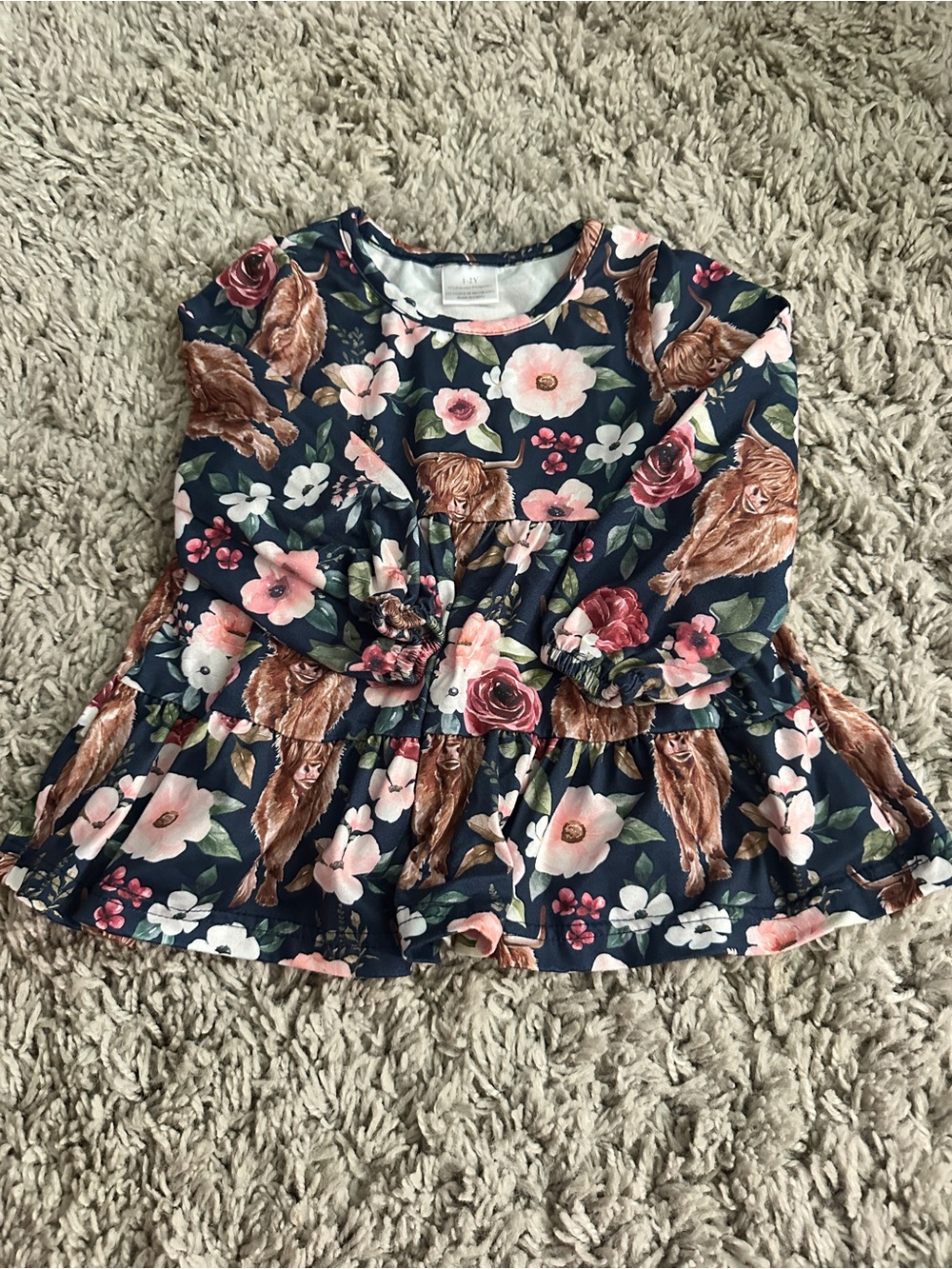 Boutique Girls' Navy Floral & Puppy Print Long-Sleeve Peplum Top